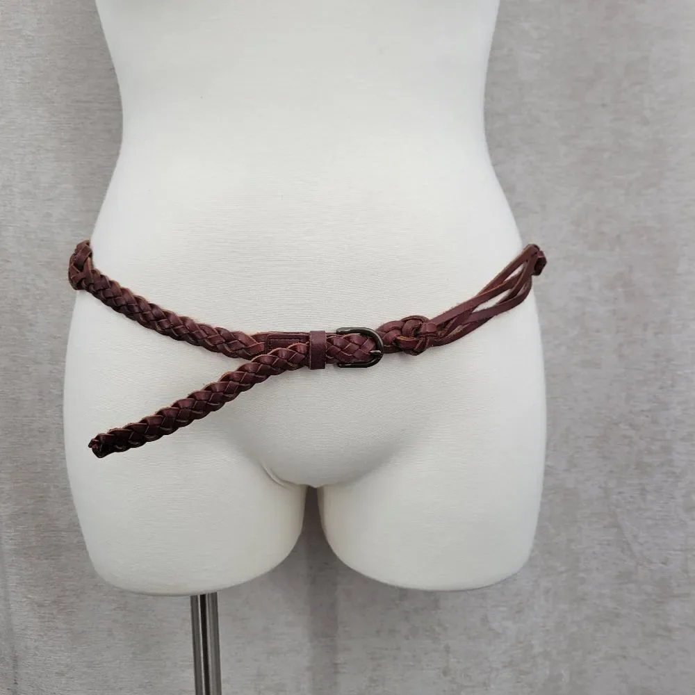 Vintage Plus Size Braided Brown Leather Belt Boho Waist 43-51